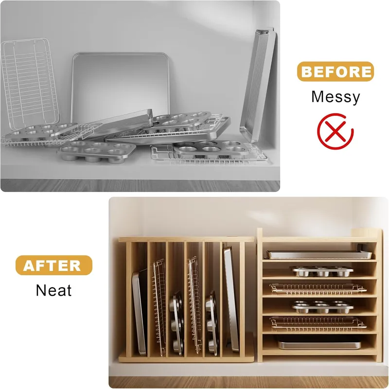 منظم صواني خشبي بـ 7 طبقات للخ - مراجعة Kitchen Cabinet Baking Organizer وسعره